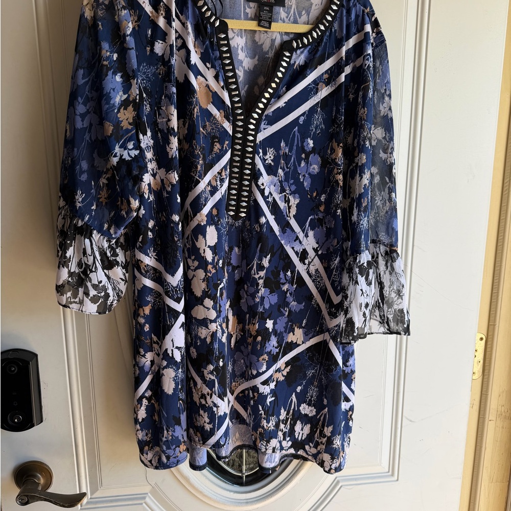 Style & Co. Navy Blue Floral Sheer V-Neck Tunic with Stud Trim